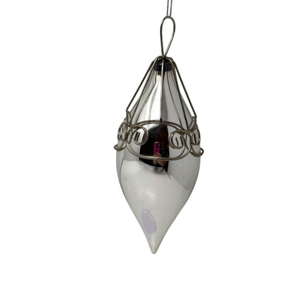 Vintage Silver Blown Glass Teardrop Christmas Ornament Wire Cage Mercury Finish - Picture 1 of 16